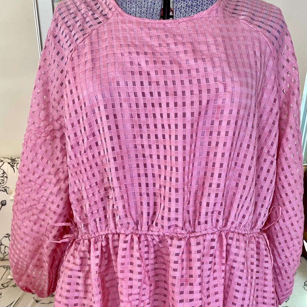 H&M Pink Checkered Long Sleeve Summer Dress with Drawstring Waist